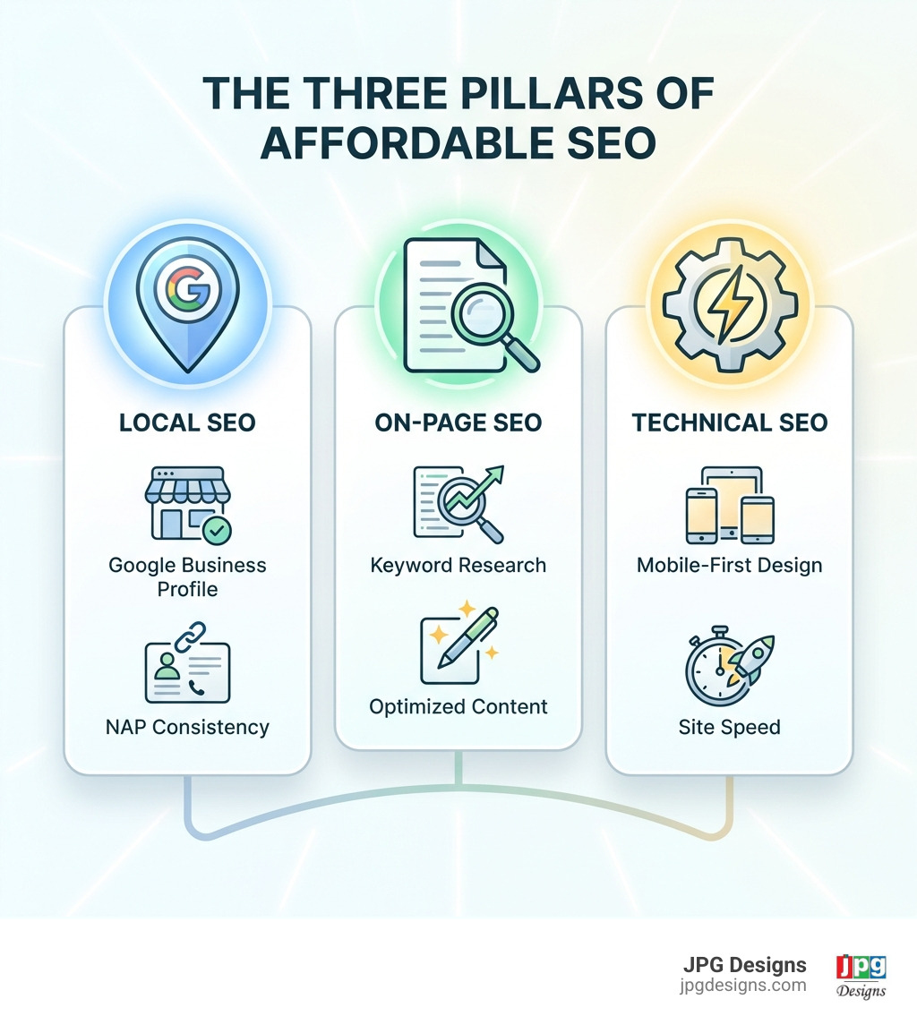 infographic showing three pillars of affordable SEO: Local SEO with map pin icon showing Google Business Profile and NAP consistency, On-Page SEO with document icon showing keyword research and optimized content, and Technical SEO with gear icon showing mobile-first design and site speed - affordable seo services for small business infographic infographic showing three pillars of affordable SEO: Local SEO with map pin icon showing Google Business Profile and NAP consistency, On-Page SEO with document icon showing keyword research and optimized content, and Technical SEO with gear icon showing mobile-first design and site speed - affordable seo services for small business infographic