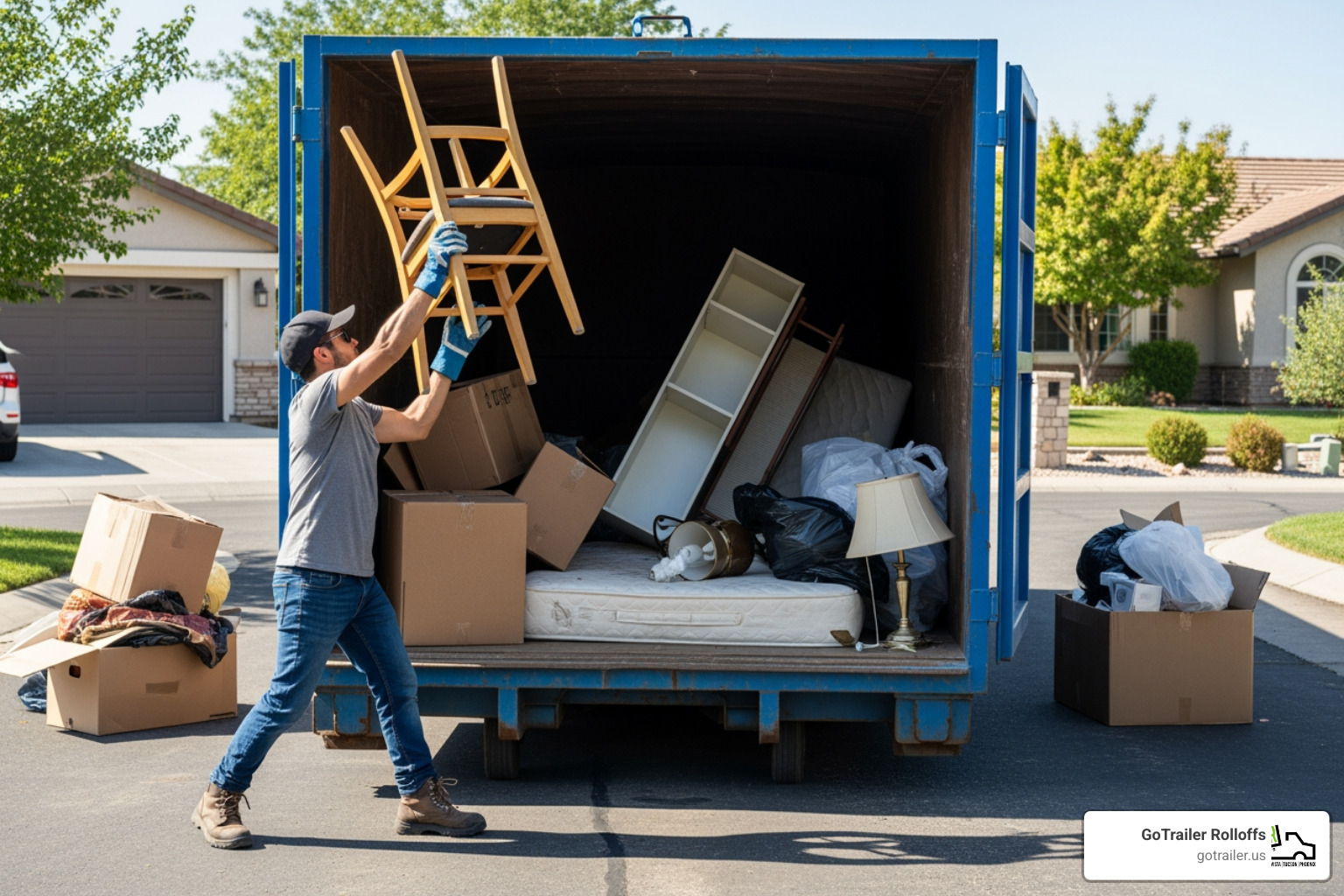 loading a dumpster - dumpster for home cleanout Man loading a wooden chair into a blue dumpster, surrounded by various items like boxes, furniture, and trash bags, illustrating home cleanout process for GoTrailer Rolloffs.