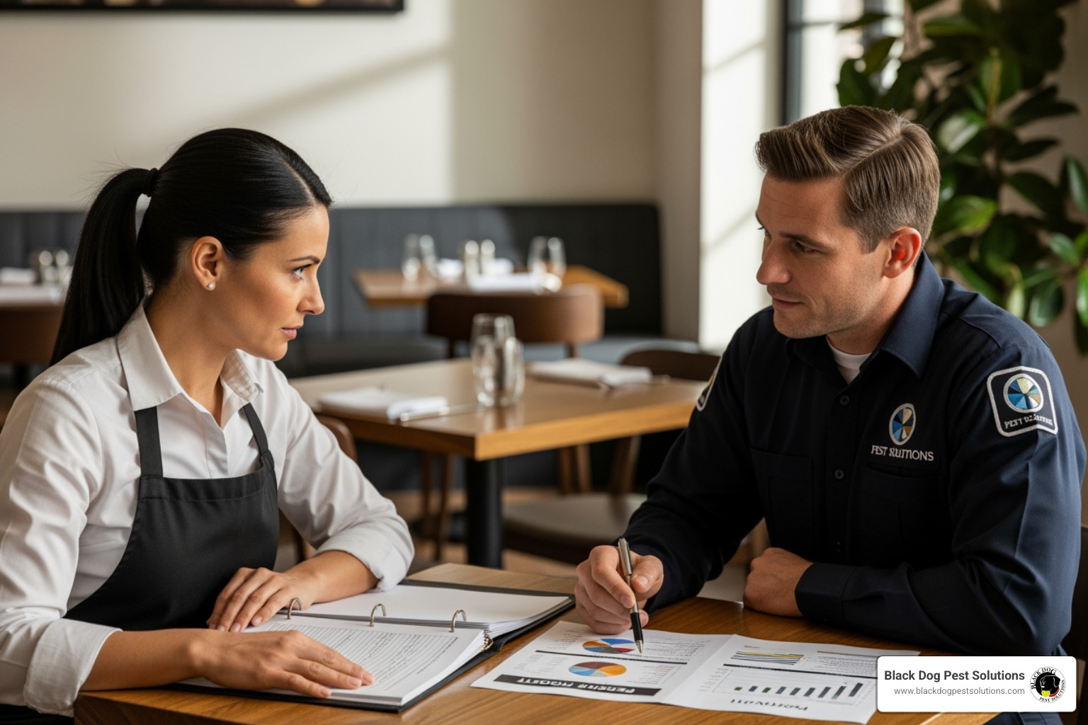 restaurant owner reviewing a pest control report with a technician - restaurant pest control companies restaurant owner reviewing a pest control report with a technician - restaurant pest control companies