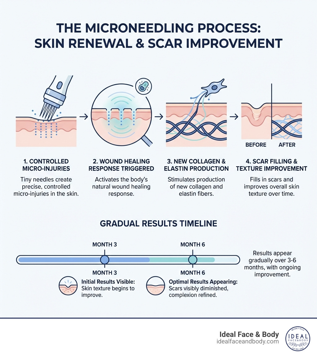 Infographic showing the microneedling process: tiny needles create controlled micro-injuries in the skin, triggering the body's wound healing response, which produces new collagen and elastin fibers that fill in scars and improve skin texture over time, with results appearing gradually over 3-6 months - Microneedling scar removal infographic Infographic showing the microneedling process: tiny needles create controlled micro-injuries in the skin, triggering the body's wound healing response, which produces new collagen and elastin fibers that fill in scars and improve skin texture over time, with results appearing gradually over 3-6 months - Microneedling scar removal infographic