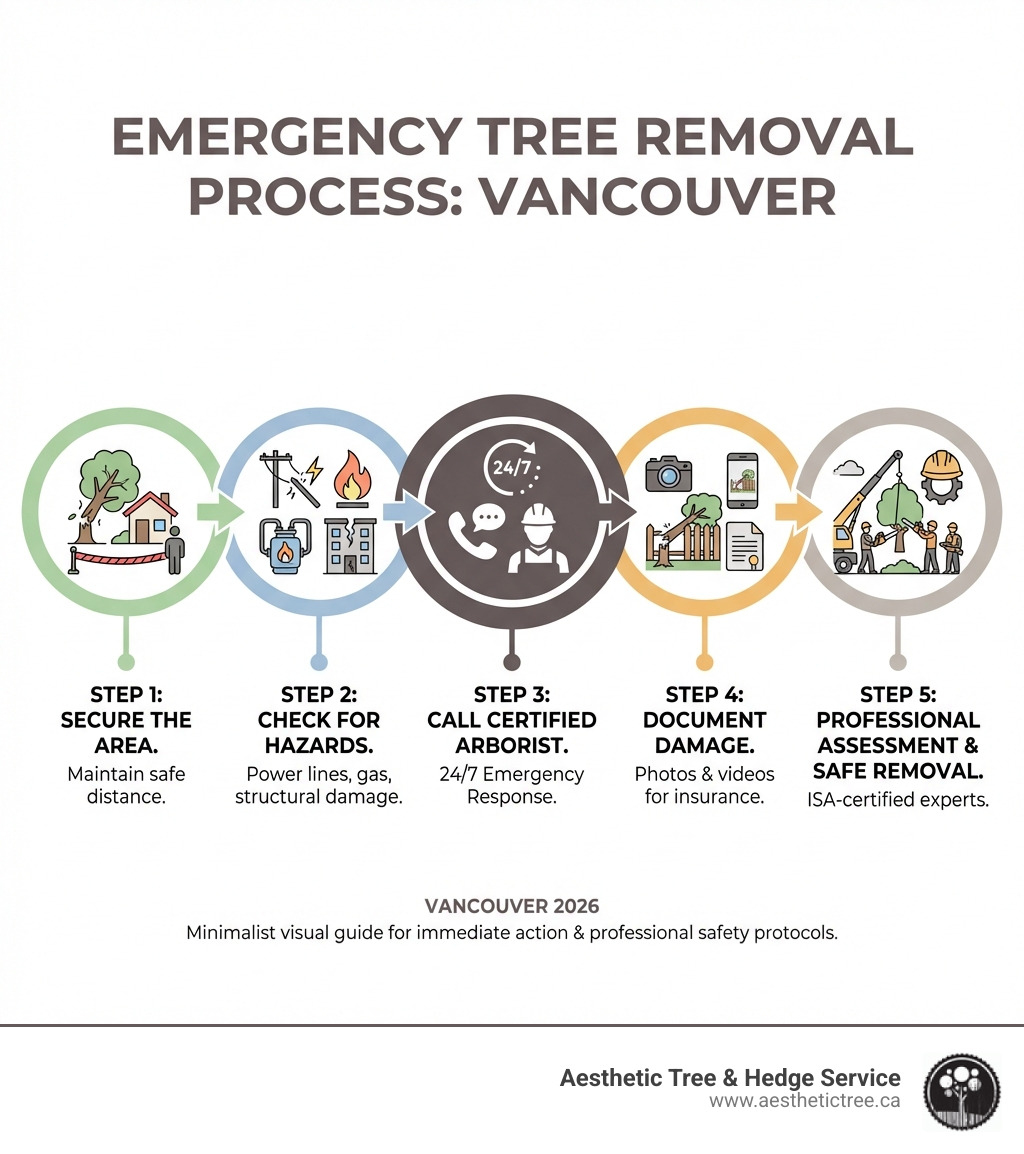 Infographic showing emergency tree removal process: Step 1 - Secure the area and keep everyone at a safe distance from the damaged tree. Step 2 - Check for hazards including downed power lines, gas lines, or structural damage to buildings. Step 3 - Call a certified arborist immediately for 24/7 emergency response. Step 4 - Document all damage with photos and videos for insurance claims. Step 5 - Professional assessment and safe removal using specialized equipment by ISA-certified arborists. - Emergency tree removal Vancouver infographic 