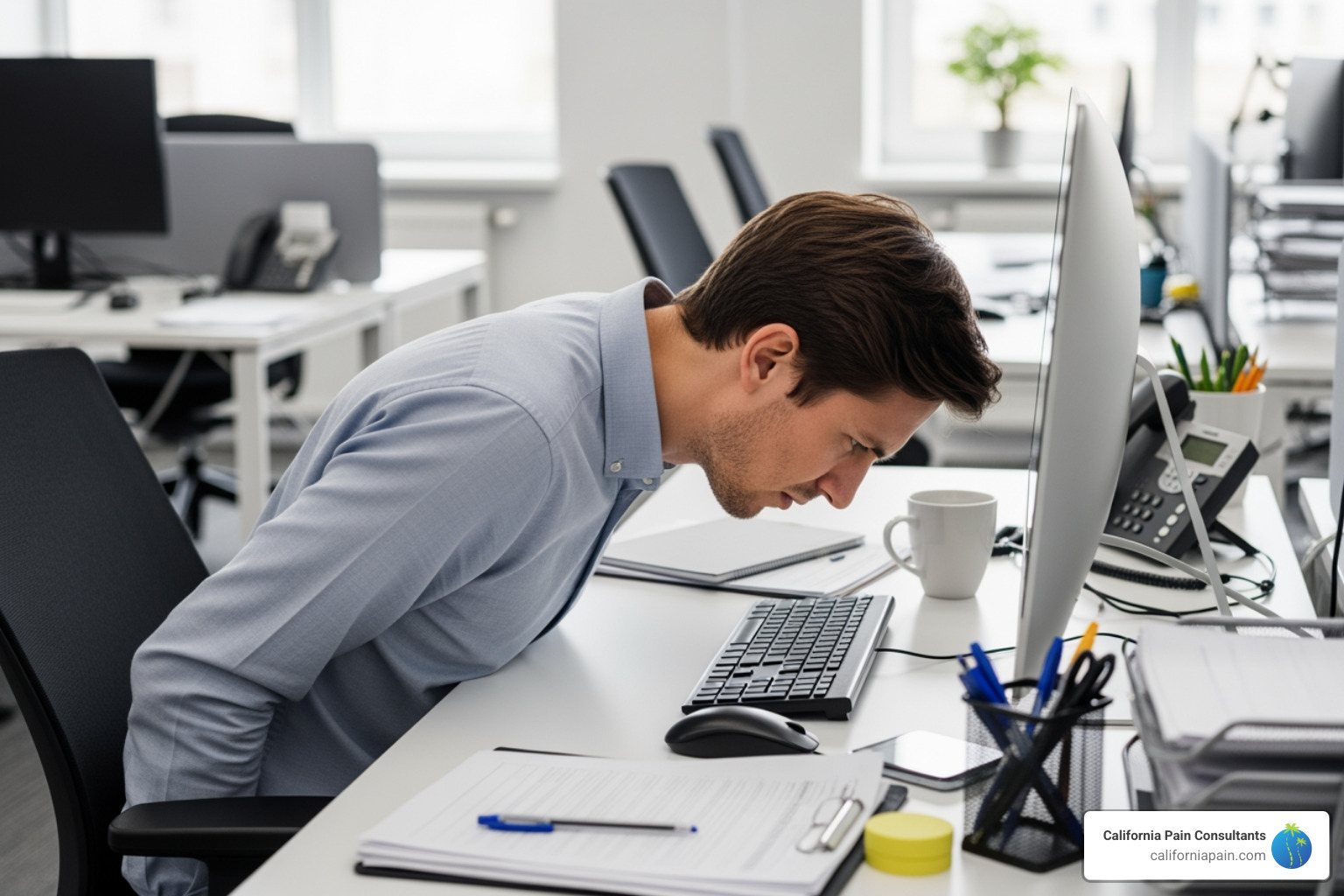 person sitting at a desk with poor posture - lower back pain causes