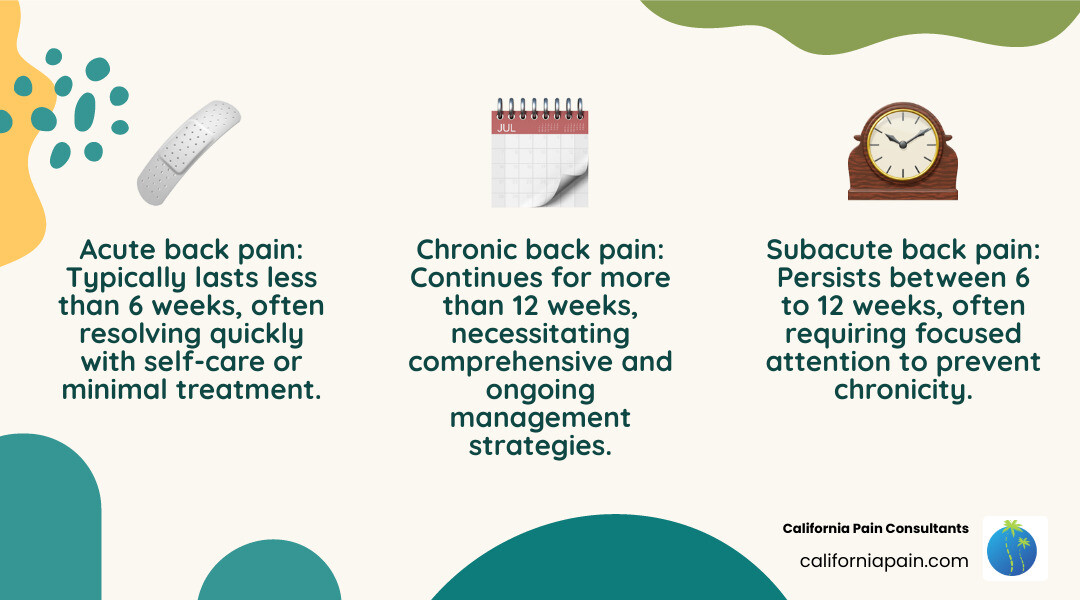 infographic explaining the difference between acute, subacute, and chronic back pain timelines - lower back pain causes infographic 3_facts_emoji_nature