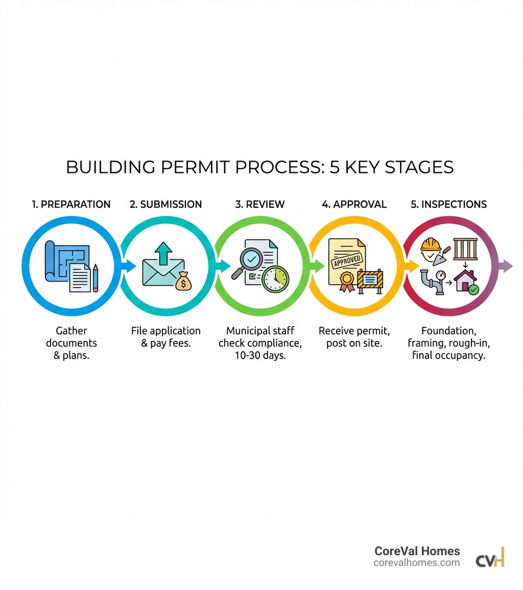 Infographic showing the 5 key stages of building permit process: 1. Preparation (gather documents and plans), 2. Submission (file application and pay fees), 3. Review (municipal staff check compliance, 10-30 days), 4. Approval (receive permit, post on site), 5. Inspections (foundation, framing, rough-in, final occupancy) - application for building permission infographic 
