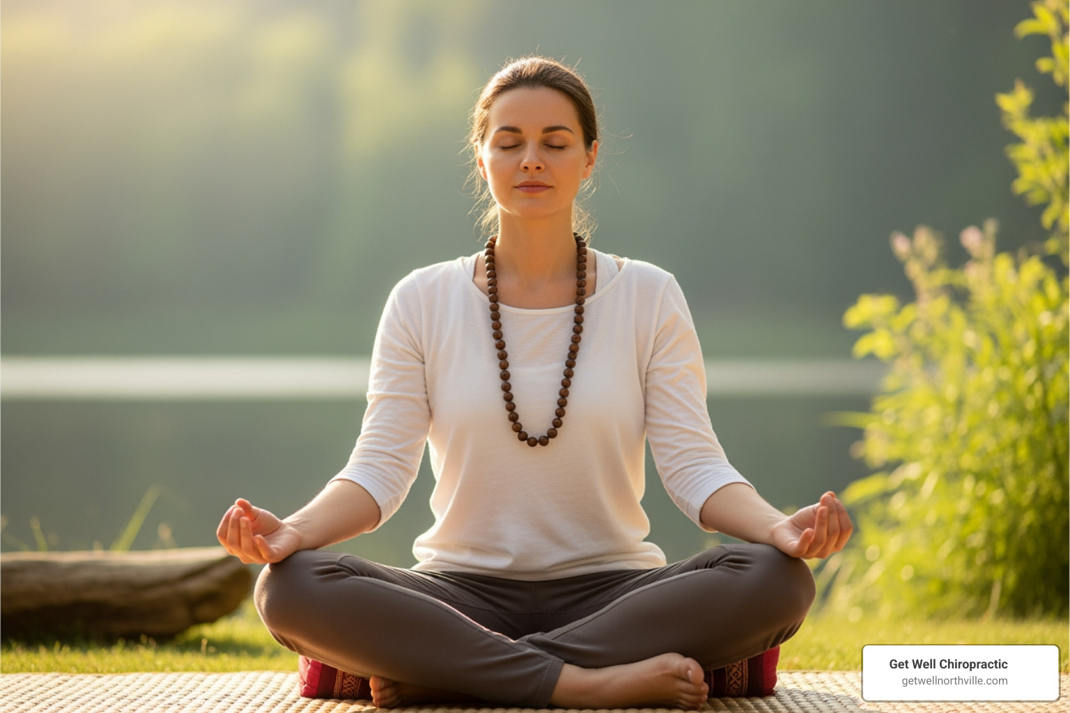 Image of a person practicing mindfulness meditation in a peaceful environment, sitting cross-legged with eyes closed and hands resting on their knees - fibromyalgia pain relief