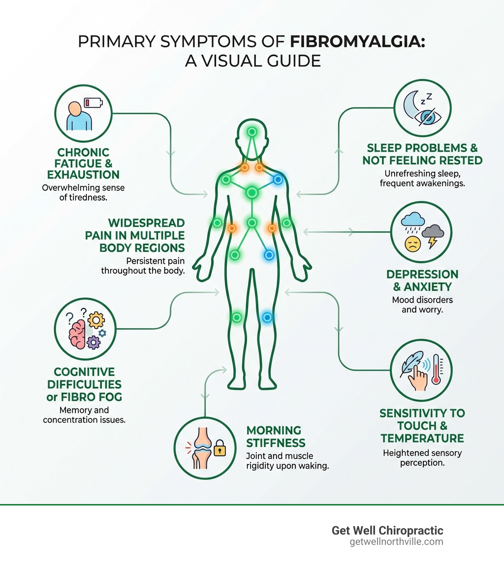 Infographic showing the primary symptoms of fibromyalgia including widespread pain in multiple body regions, chronic fatigue and exhaustion, sleep problems and not feeling rested, cognitive difficulties or fibro fog, depression and anxiety, sensitivity to touch and temperature, and morning stiffness - fibromyalgia pain relief infographic 