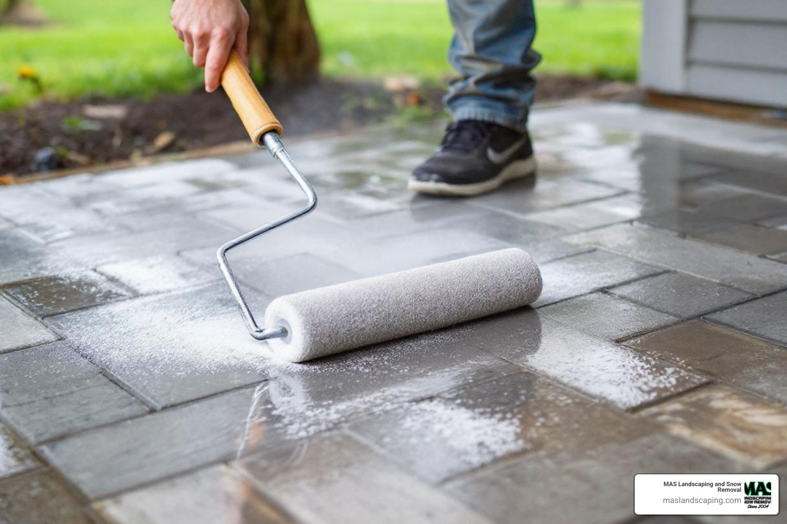 Person using a roller to apply sealer to a clean concrete paver patio - sealing concrete paver patio