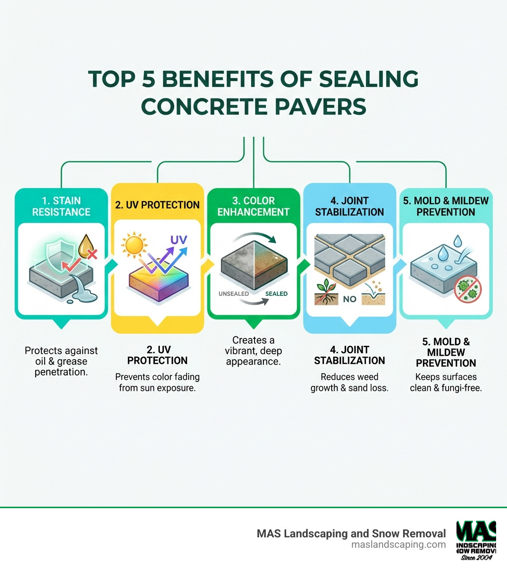 Infographic showing the top 5 benefits of sealing concrete pavers: Stain Resistance protecting against oil and grease, UV Protection preventing color fading, Color Enhancement creating vibrant appearance, Joint Stabilization reducing weed growth and sand loss, and Mold and Mildew Prevention keeping surfaces clean - sealing concrete paver patio infographic 