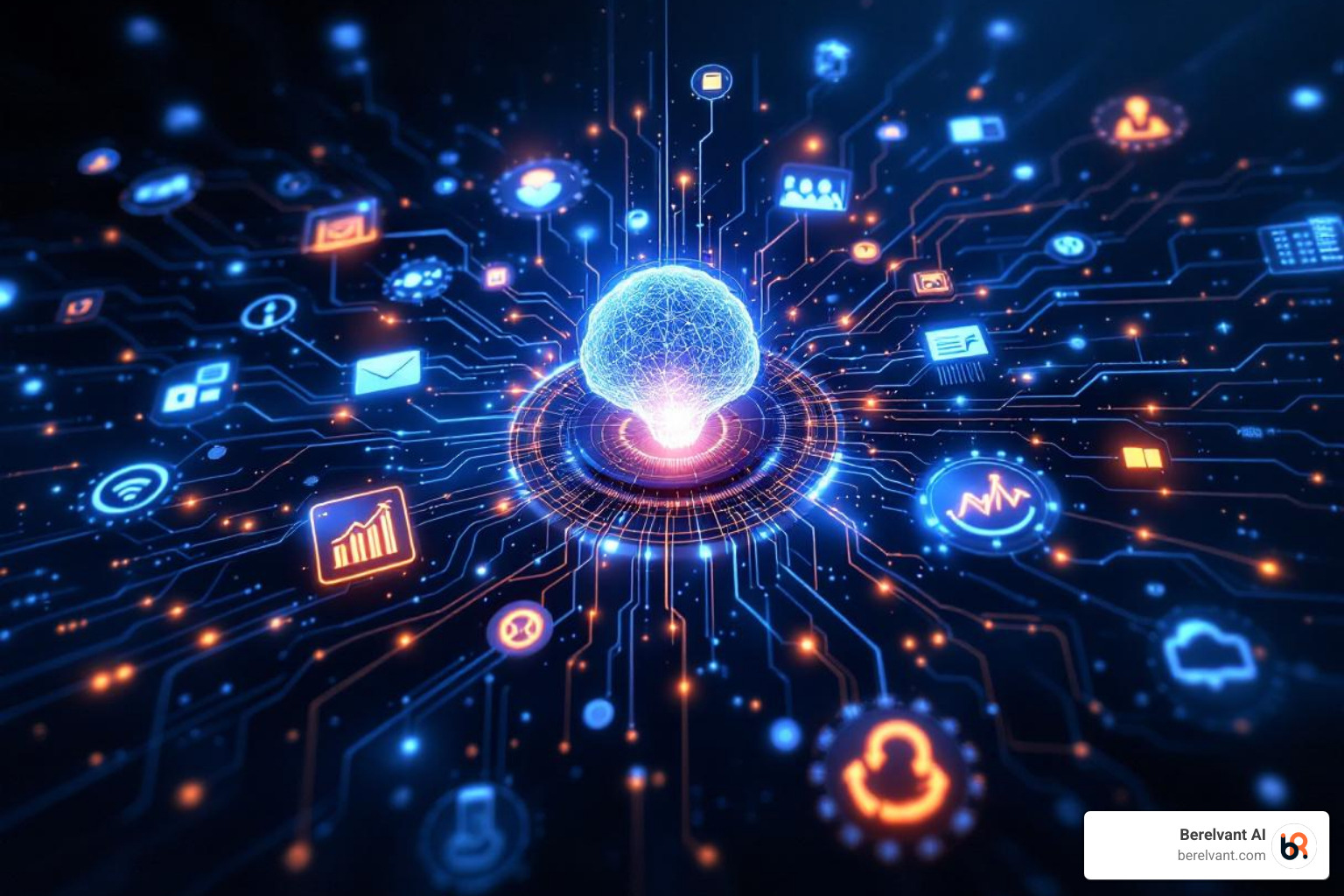 Illustration showing the integration of AI, creative, media, and analytics in a unified system - local search marketing firm