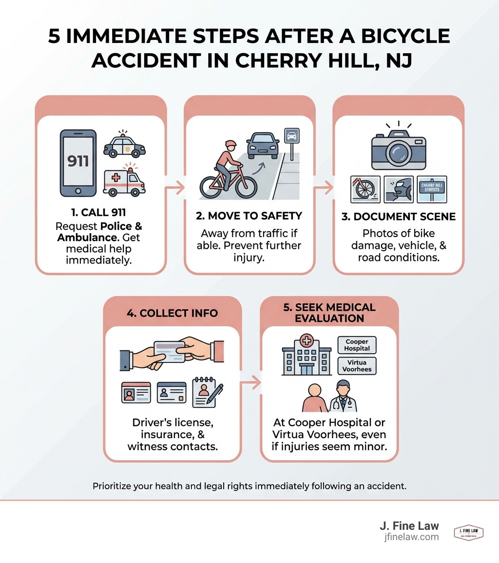 Infographic showing 5 immediate steps after a bicycle accident in Cherry Hill, New Jersey: 1. Call 911 and request police and ambulance, 2. Move to safety away from traffic if able, 3. Document scene with photos of bicycle damage, vehicle, road conditions on Cherry Hill streets, 4. Collect driver's license, insurance, and witness contact information, 5. Seek immediate medical evaluation at Cooper Hospital or Virtua Voorhees Hospital even if injuries seem minor - Cyclist hit by car infographic Infographic showing 5 immediate steps after a bicycle accident in Cherry Hill, New Jersey: 1. Call 911 and request police and ambulance, 2. Move to safety away from traffic if able, 3. Document scene with photos of bicycle damage, vehicle, road conditions on Cherry Hill streets, 4. Collect driver's license, insurance, and witness contact information, 5. Seek immediate medical evaluation at Cooper Hospital or Virtua Voorhees Hospital even if injuries seem minor - Cyclist hit by car infographic