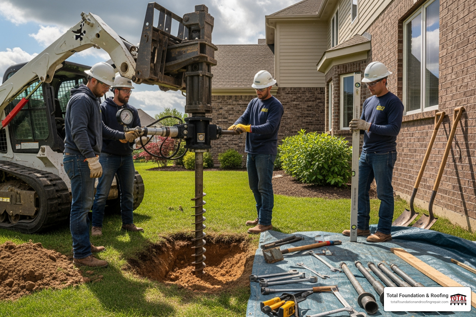 foundation repair team installing helical piers - concrete foundation services