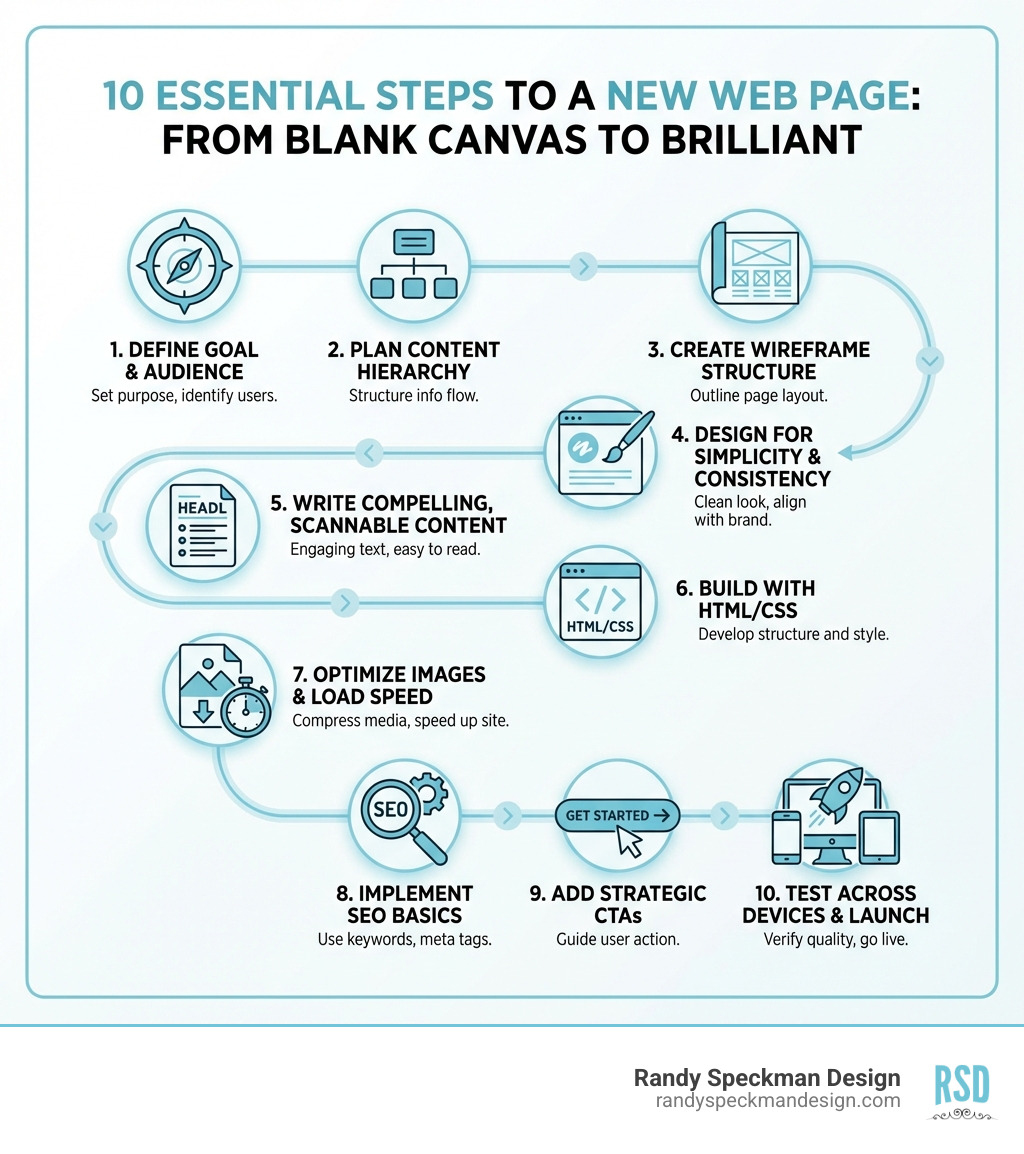 Infographic showing the 10 essential steps to creating a new web page: 1. Define page goal and audience, 2. Plan content hierarchy, 3. Create wireframe structure, 4. Design for simplicity and brand consistency, 5. Write compelling, scannable content, 6. Build with HTML/CSS, 7. Optimize images and load speed, 8. Implement SEO basics, 9. Add strategic CTAs, 10. Test across devices and launch - new web page infographic 