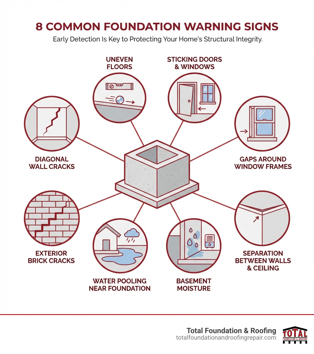 infographic showing the 8 most common foundation warning signs including diagonal wall cracks, uneven floors, sticking doors and windows, gaps around window frames, exterior brick cracks, water pooling near foundation, basement moisture, and separation between walls and ceiling - concrete foundation services infographic 