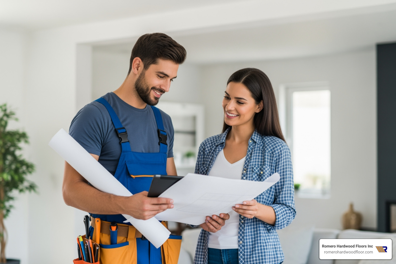 contractor discussing plans with homeowner - wood floors contractors