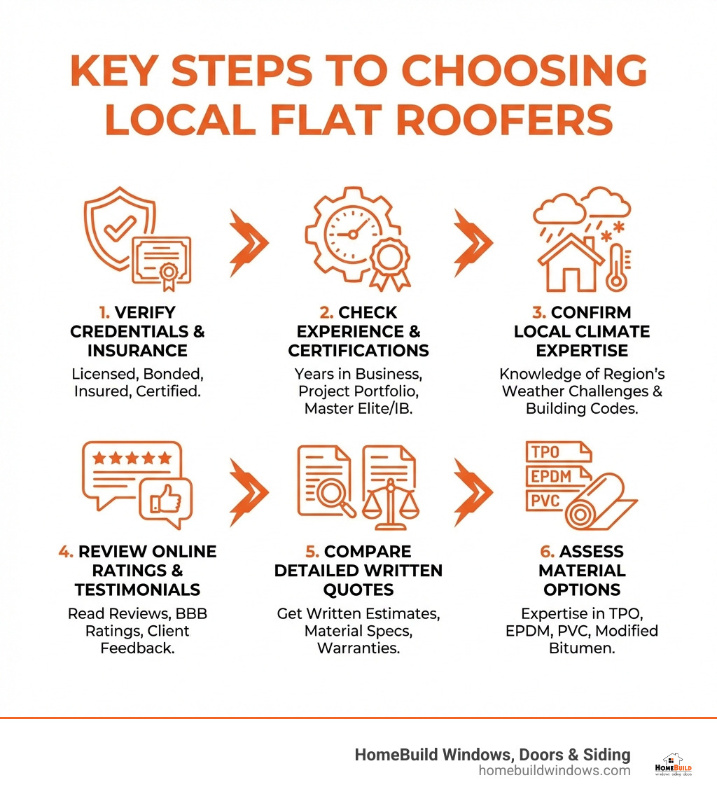 Infographic showing the key steps to choosing local flat roofers: verify credentials and insurance, check years of experience and certifications, confirm local climate expertise, review online ratings and testimonials, compare detailed written quotes, and assess material options like TPO, EPDM, and PVC - local flat roofers infographic 