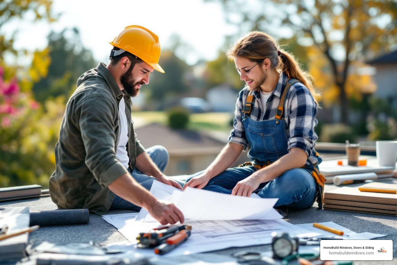 roofers discussing blueprints on a residential flat roof project - local flat roofers