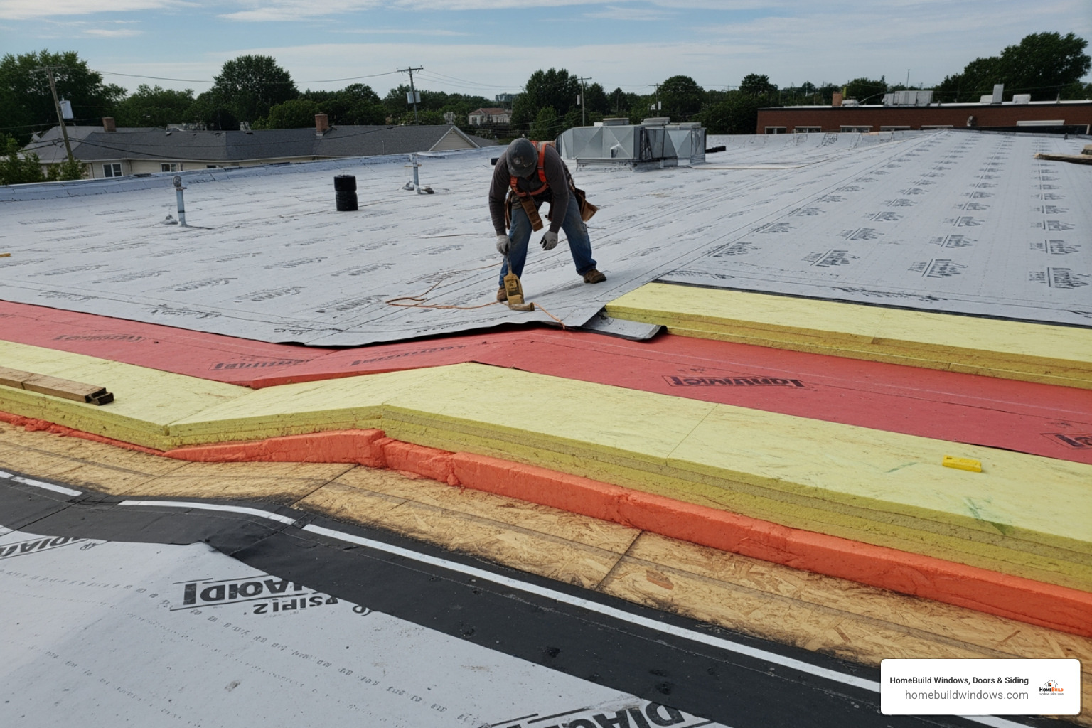 roofer working on a flat roof, showing different material layers - local flat roofers