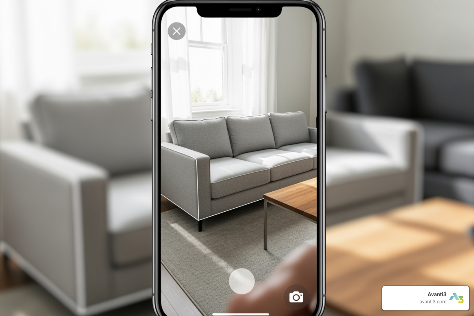 AR app showing furniture placed in a real-world living room - AR experience design AR app showing furniture placed in a real-world living room - AR experience design