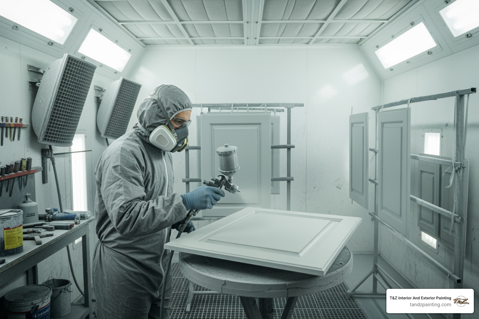 a professional painter in a spray booth working on cabinet doors - furniture spray painting services near me a professional painter in a spray booth working on cabinet doors - furniture spray painting services near me