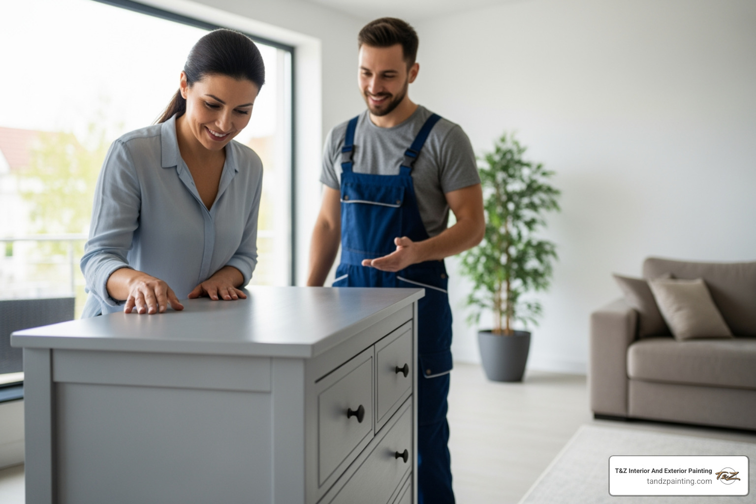 a homeowner happily inspecting a newly painted piece of furniture with a painter - furniture spray painting services near me a homeowner happily inspecting a newly painted piece of furniture with a painter - furniture spray painting services near me
