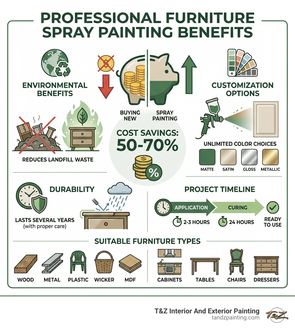 Infographic comparing professional furniture spray painting benefits: Cost savings of 50-70% vs. buying new, environmental benefits of reducing landfill waste, customization options with unlimited color choices and finishes (matte, satin, gloss, metallic), durability lasting several years with proper care, timeline showing 2-3 hours application plus 24-hour curing, and types of furniture suitable for spray painting including wood, metal, plastic, wicker, MDF, cabinets, tables, chairs, and dressers - furniture spray painting services near me infographic Infographic comparing professional furniture spray painting benefits: Cost savings of 50-70% vs. buying new, environmental benefits of reducing landfill waste, customization options with unlimited color choices and finishes (matte, satin, gloss, metallic), durability lasting several years with proper care, timeline showing 2-3 hours application plus 24-hour curing, and types of furniture suitable for spray painting including wood, metal, plastic, wicker, MDF, cabinets, tables, chairs, and dressers - furniture spray painting services near me infographic