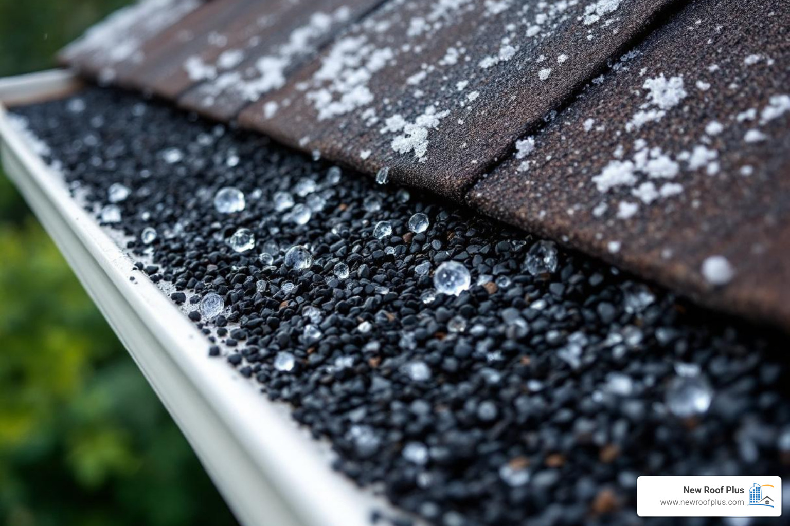 Granules from roof shingles collecting in a gutter after a hailstorm - hail damage roof repair cost Granules from roof shingles collecting in a gutter after a hailstorm - hail damage roof repair cost