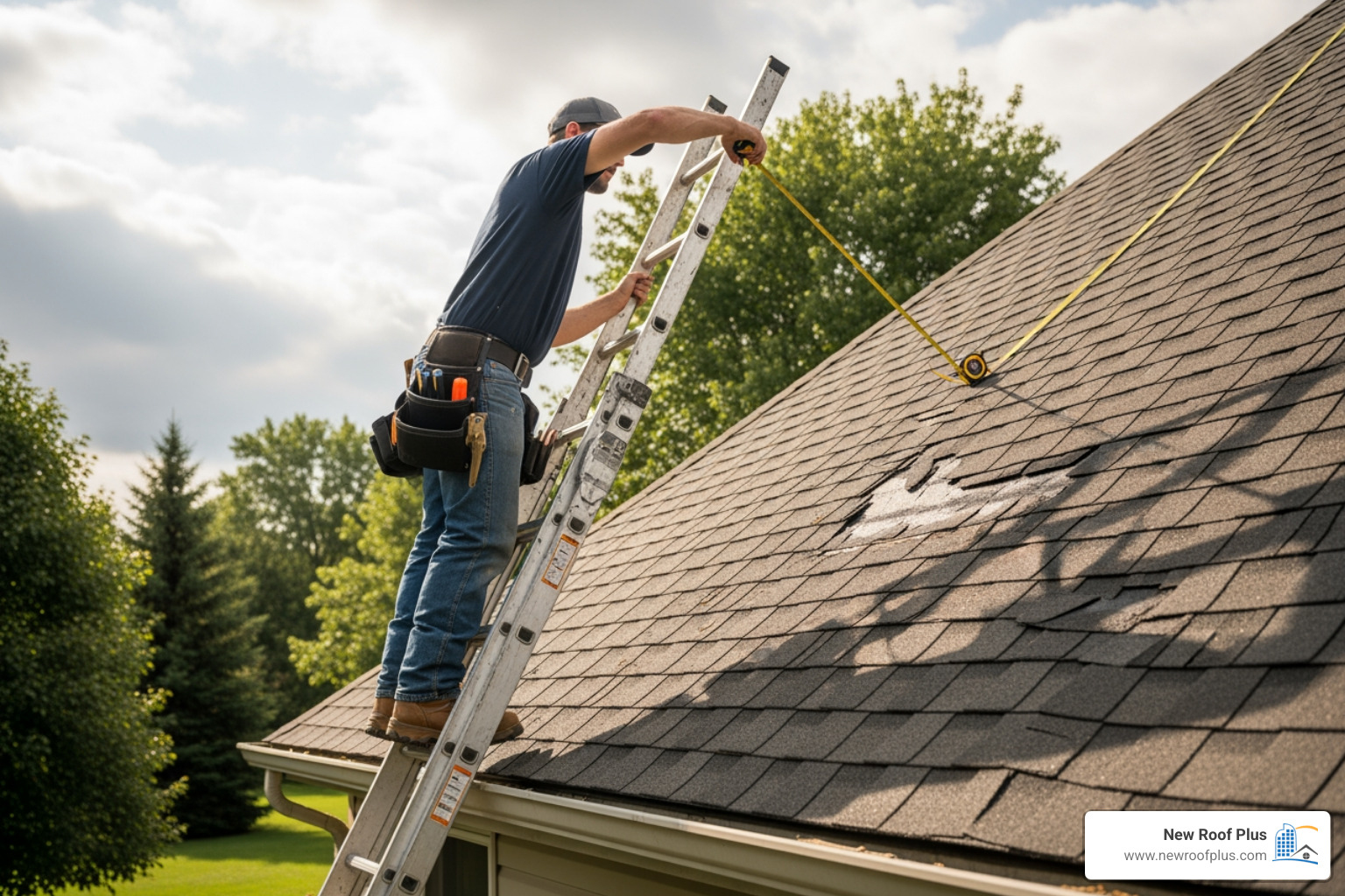 A roofer on a ladder measuring a section of a damaged roof with a tape measure - hail damage roof repair cost A roofer on a ladder measuring a section of a damaged roof with a tape measure - hail damage roof repair cost