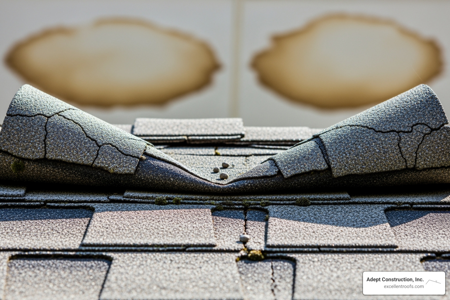 A close-up image of curling and cracked asphalt shingles, with water stains visible on a ceiling in the background, symbolizing common signs of residential roof damage. - residential roof maintenance