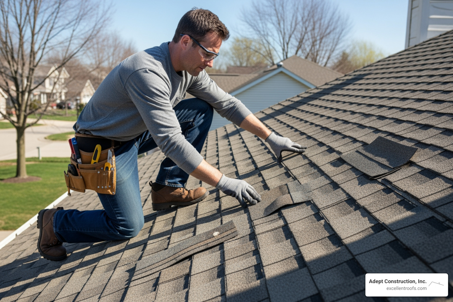 A homeowner carefully inspecting a residential roof in spring, checking for winter damage and loose shingles. - residential roof maintenance