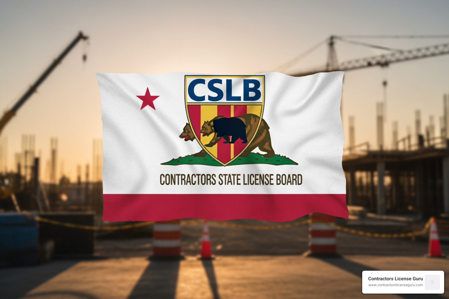 CSLB logo with California state flag overlayed on a construction image - Contractor License Services