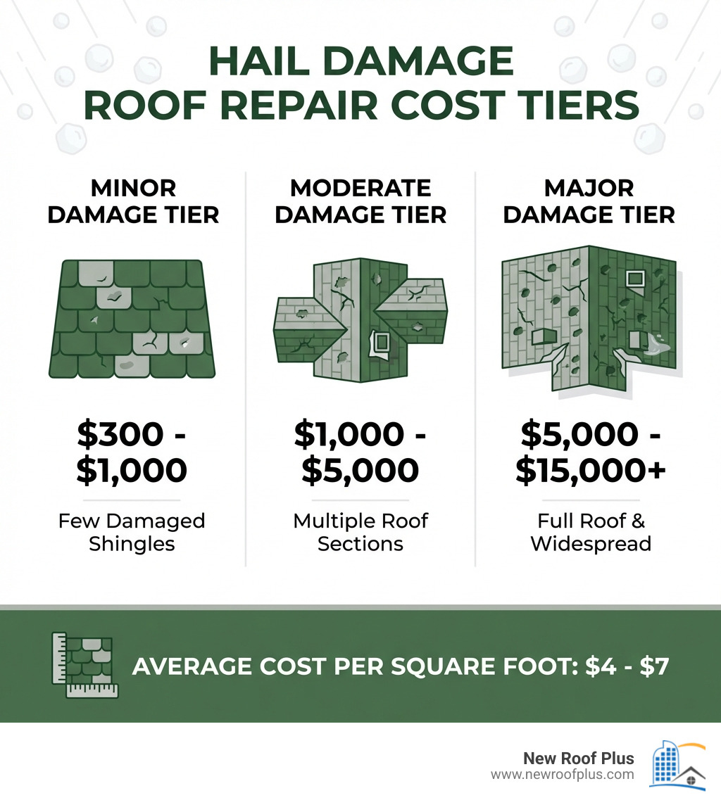 Infographic showing three tiers of hail damage repair costs: Minor damage tier with icon of a few damaged shingles showing $300-$1,000 range, Moderate damage tier with icon of multiple roof sections showing $1,000-$5,000 range, and Major damage tier with icon of full roof showing $5,000-$15,000+ range, with average cost per square foot of $4-$7 displayed at bottom - hail damage roof repair cost infographic Infographic showing three tiers of hail damage repair costs: Minor damage tier with icon of a few damaged shingles showing $300-$1,000 range, Moderate damage tier with icon of multiple roof sections showing $1,000-$5,000 range, and Major damage tier with icon of full roof showing $5,000-$15,000+ range, with average cost per square foot of $4-$7 displayed at bottom - hail damage roof repair cost infographic