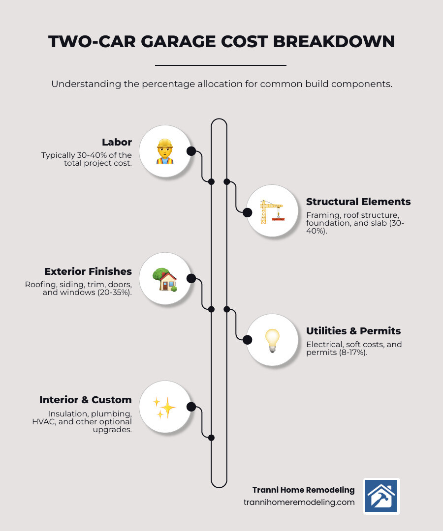 Infographic showing cost breakdown of two-car garage construction: 30-40% labor, 20-25% framing and roof structure, 10-15% foundation and slab, 10-15% roofing and exterior, 5-10% doors and windows, 5-10% siding and trim, 3-7% electrical, 5-10% permits and soft costs, with optional add-ons like insulation, plumbing, and HVAC listed separately - cost to build two car garage infographic infographic-line-5-steps-elegant_beige Infographic showing cost breakdown of two-car garage construction: 30-40% labor, 20-25% framing and roof structure, 10-15% foundation and slab, 10-15% roofing and exterior, 5-10% doors and windows, 5-10% siding and trim, 3-7% electrical, 5-10% permits and soft costs, with optional add-ons like insulation, plumbing, and HVAC listed separately - cost to build two car garage infographic infographic-line-5-steps-elegant_beige