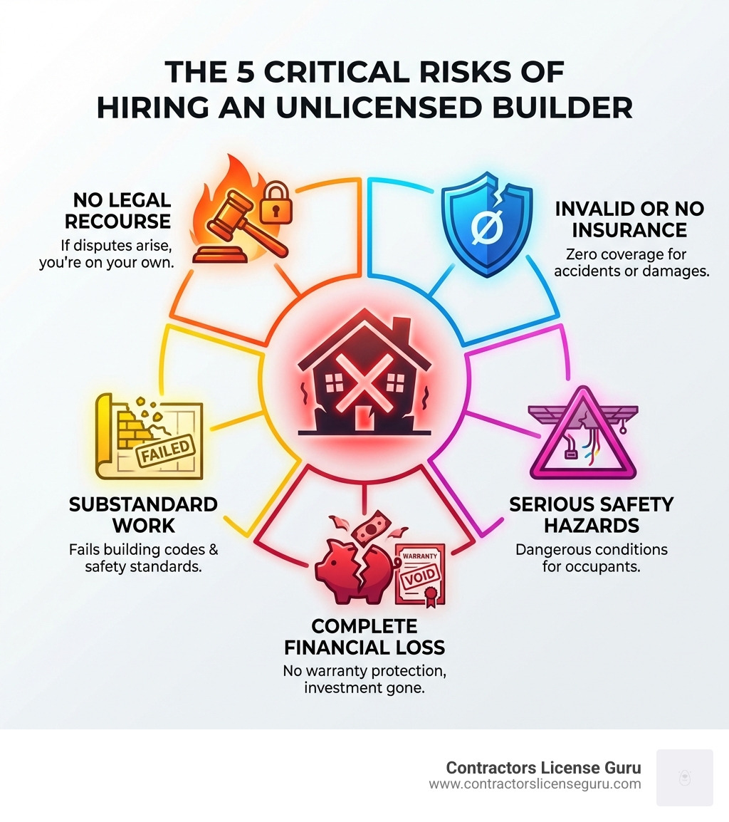 Infographic showing 5 critical risks of hiring an unlicensed builder: no legal recourse if disputes arise, invalid or no insurance coverage, substandard work that fails building codes, serious safety hazards for occupants, and complete financial loss with no warranty protection - builders registration check infographic 