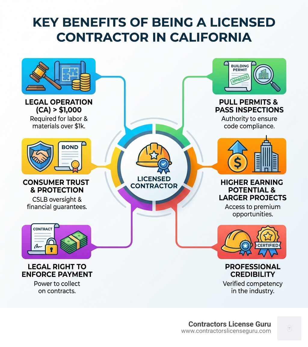 infographic showing the key benefits of being a licensed contractor including legal operation in California for projects over one thousand dollars, ability to pull permits and pass inspections, consumer trust through CSLB oversight and bond requirements, higher earning potential and access to larger projects, legal right to enforce payment contracts, and professional credibility in the construction industry - Contractor License Services infographic 