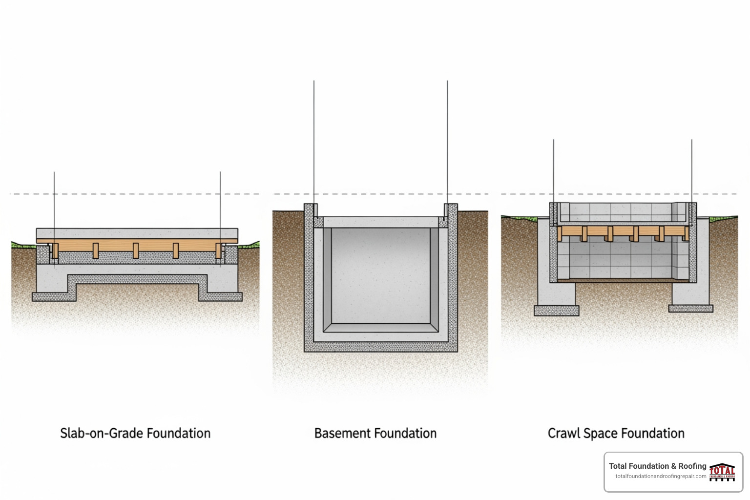 cross-sections showing a slab, basement, and crawl space foundation - concrete foundation services
