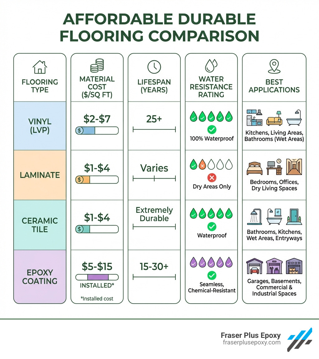 infographic comparing vinyl, laminate, ceramic tile, and epoxy flooring showing material cost per square foot, lifespan in years, water resistance rating, and best applications for each type - Affordable durable flooring infographic 