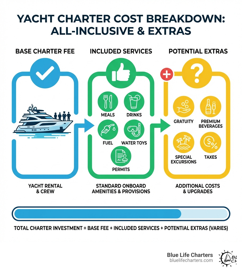 Infographic showing breakdown of yacht charter costs: Base Charter Fee (yacht rental and crew), Included Services (meals, drinks, fuel, water toys, permits), and Potential Extras (gratuity, premium beverages, special excursions, taxes) - all-inclusive yacht charters cost infographic Infographic showing breakdown of yacht charter costs: Base Charter Fee (yacht rental and crew), Included Services (meals, drinks, fuel, water toys, permits), and Potential Extras (gratuity, premium beverages, special excursions, taxes) - all-inclusive yacht charters cost infographic