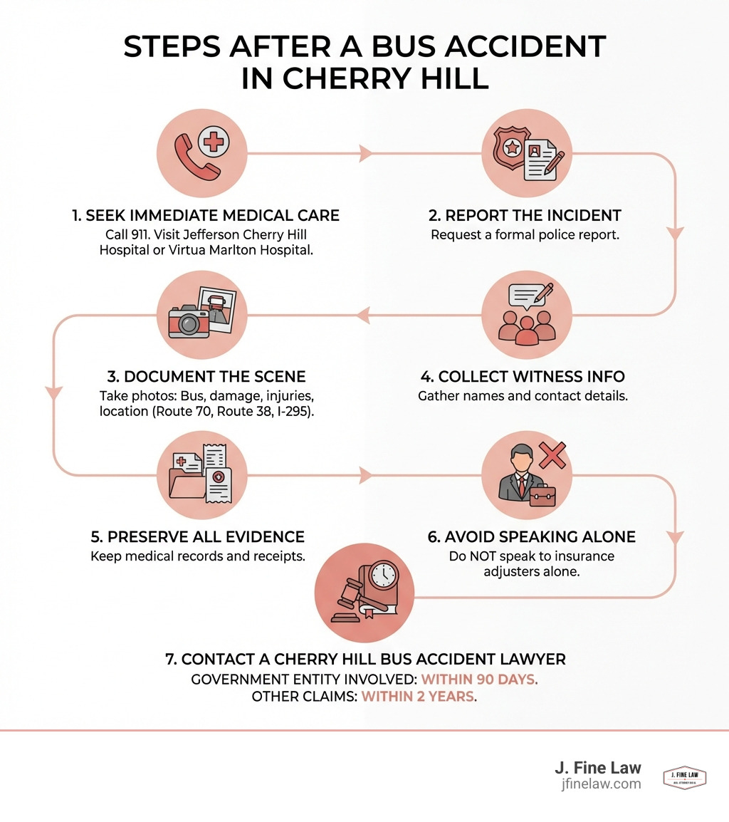 Steps After a Bus Accident in Cherry Hill: 1. Call 911 and seek immediate medical care at Jefferson Cherry Hill Hospital or Virtua Marlton Hospital. 2. Report the incident and request a police report. 3. Document the scene with photos of the bus, damage, injuries, and location (Route 70, Route 38, I-295, etc.). 4. Collect witness names and contact information. 5. Preserve all evidence including medical records and receipts. 6. Do NOT speak to insurance adjusters alone. 7. Contact a Cherry Hill bus accident lawyer within 90 days if government entity involved, within 2 years for other claims. - bus accident lawyer Cherry Hill infographic Steps After a Bus Accident in Cherry Hill: 1. Call 911 and seek immediate medical care at Jefferson Cherry Hill Hospital or Virtua Marlton Hospital. 2. Report the incident and request a police report. 3. Document the scene with photos of the bus, damage, injuries, and location (Route 70, Route 38, I-295, etc.). 4. Collect witness names and contact information. 5. Preserve all evidence including medical records and receipts. 6. Do NOT speak to insurance adjusters alone. 7. Contact a Cherry Hill bus accident lawyer within 90 days if government entity involved, within 2 years for other claims. - bus accident lawyer Cherry Hill infographic