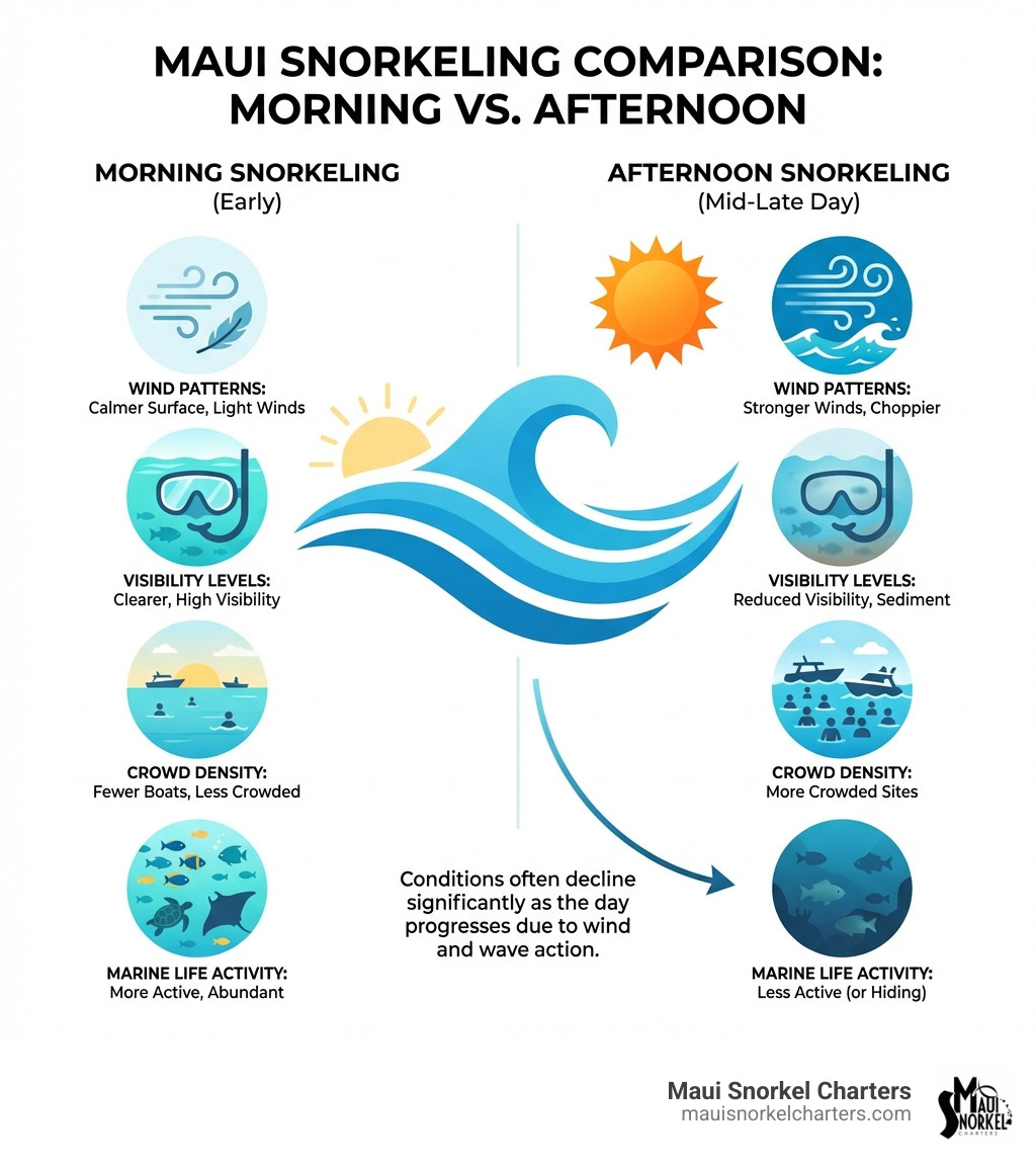 Morning vs afternoon snorkeling comparison showing wind patterns, visibility levels, crowd density, and marine life activity throughout the day - Morning snorkel Maui infographic 