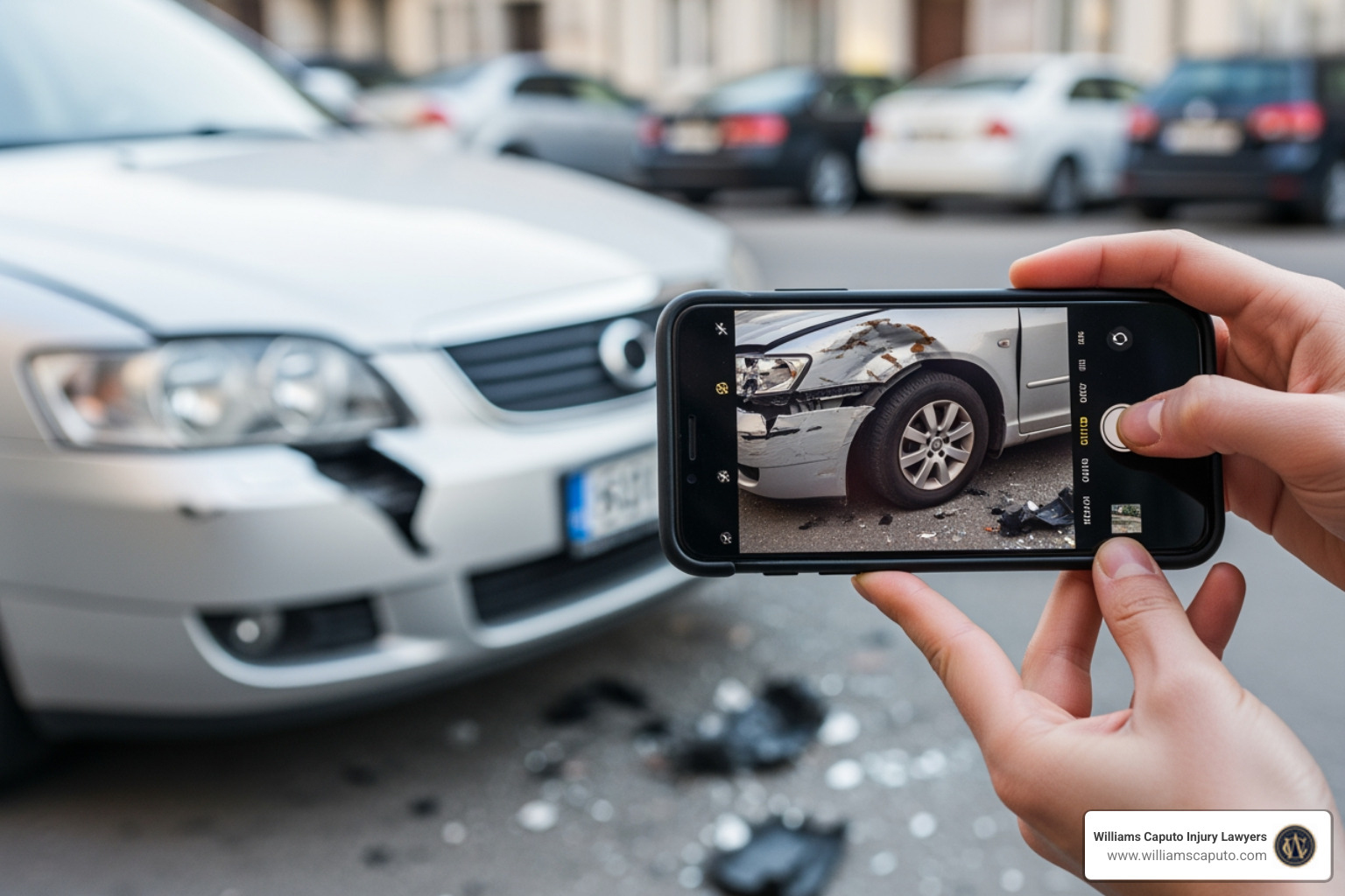 person taking photos of vehicle damage with their smartphone - midland trucking accident attorneys