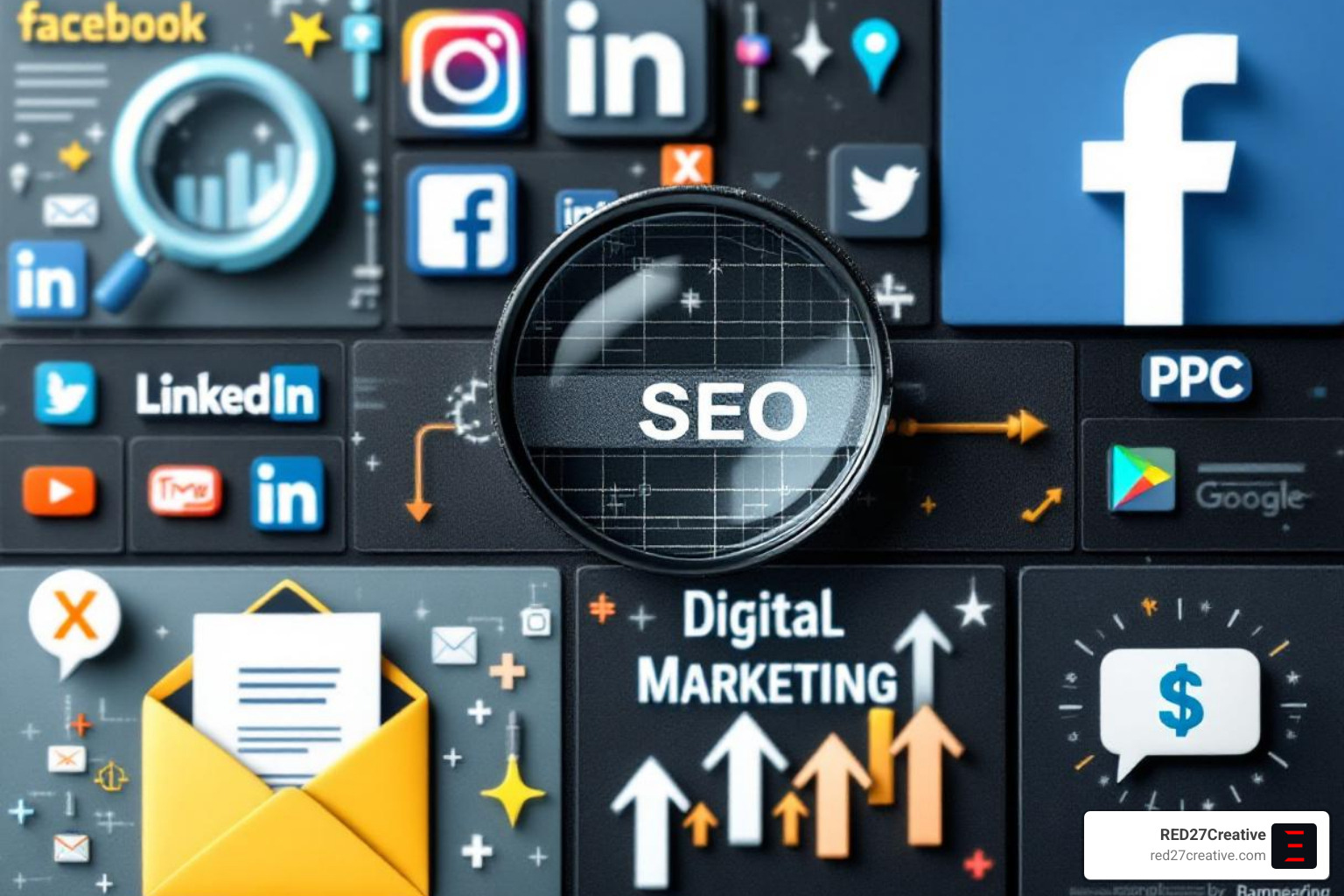 collage of marketing channels: SEO, social media, email, and PPC ads - Marketing audit services collage of marketing channels: SEO, social media, email, and PPC ads - Marketing audit services