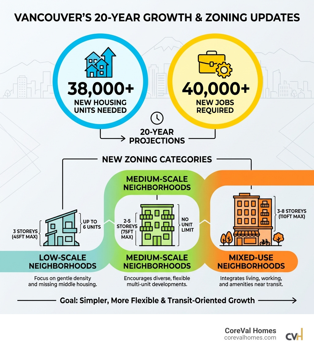 Infographic showing Vancouver's 20-year growth projections: 38,000+ new housing units needed, 40,000+ new jobs required, with breakdown of new zoning categories including Low-scale (3 storeys, 45ft max, up to 6 units), Medium-scale (2-5 storeys, 75ft max, no unit limit), and Mixed-use (3-8 storeys, 110ft max) - Vancouver zoning changes infographic 