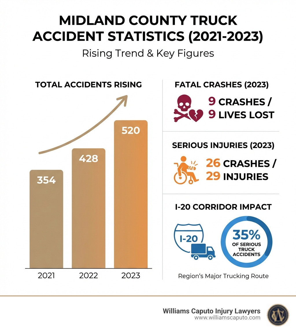 infographic showing Midland County truck accident statistics from 2021 to 2023, with bars indicating total accidents rising from 354 to 428 to 520, and separate sections showing fatal crashes, serious injuries, and the percentage of accidents on the I-20 corridor - midland trucking accident attorneys infographic 