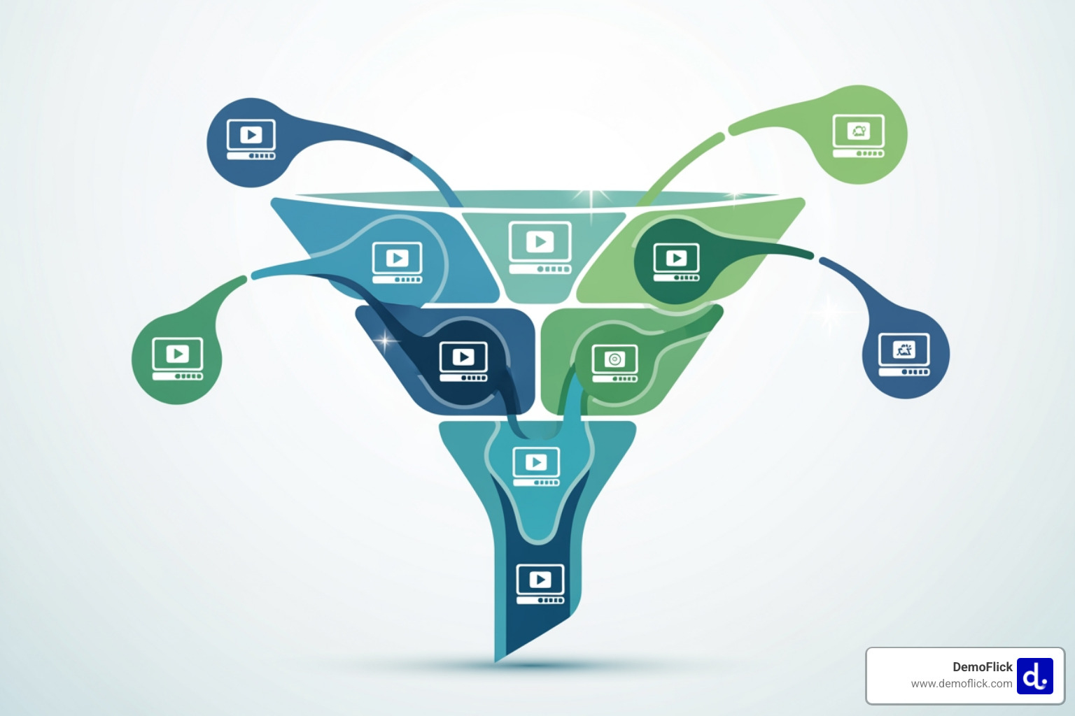 Abstract graphic illustrating a marketing funnel with interconnected nodes representing different stages, each with a small video icon, symbolizing video content driving prospects through the journey - b2b explainer videos Abstract graphic illustrating a marketing funnel with interconnected nodes representing different stages, each with a small video icon, symbolizing video content driving prospects through the journey - b2b explainer videos