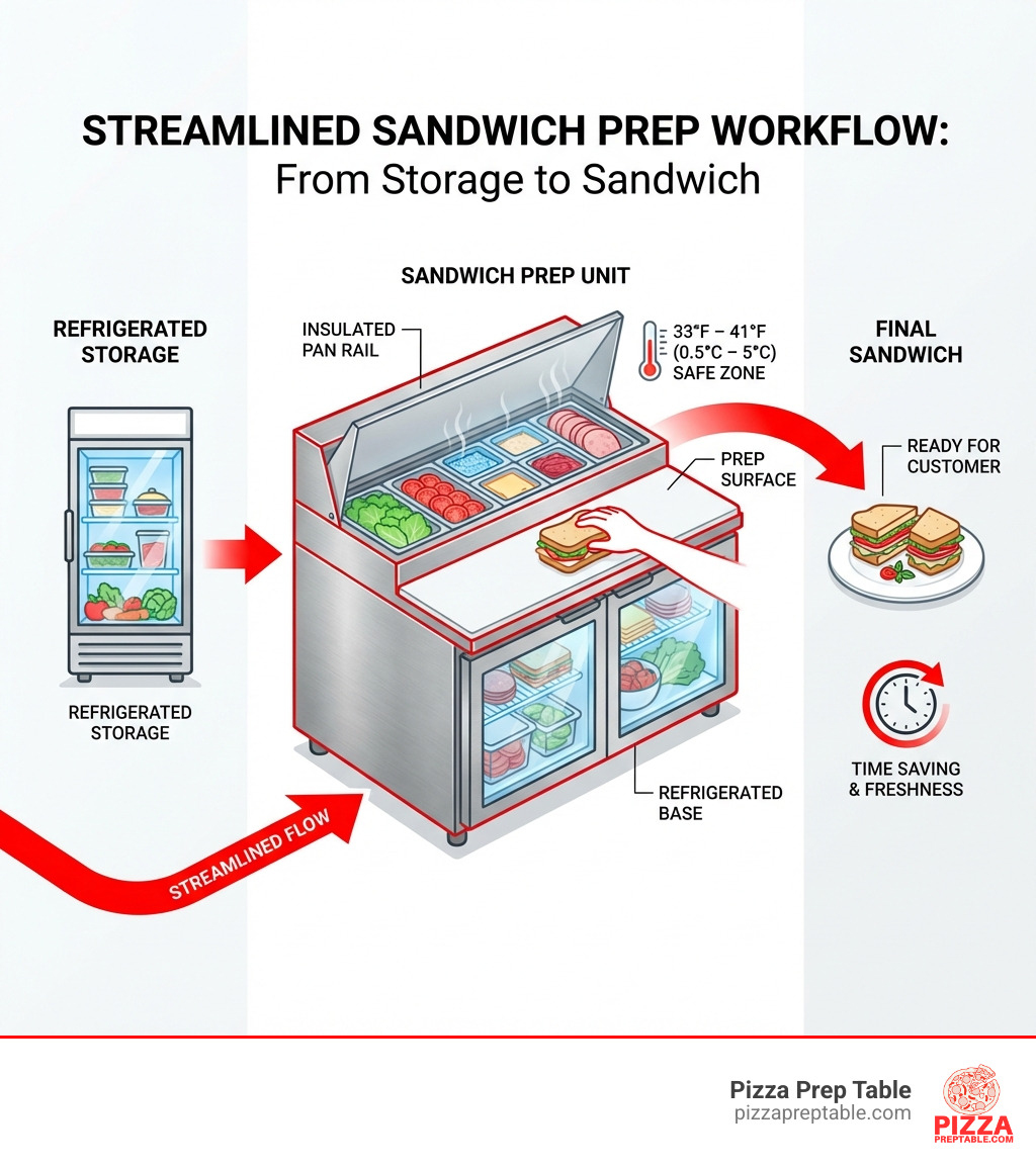 infographic showing a streamlined kitchen workflow: from refrigerated storage to prep surface to the final sandwich - Sandwich prep unit infographic 
