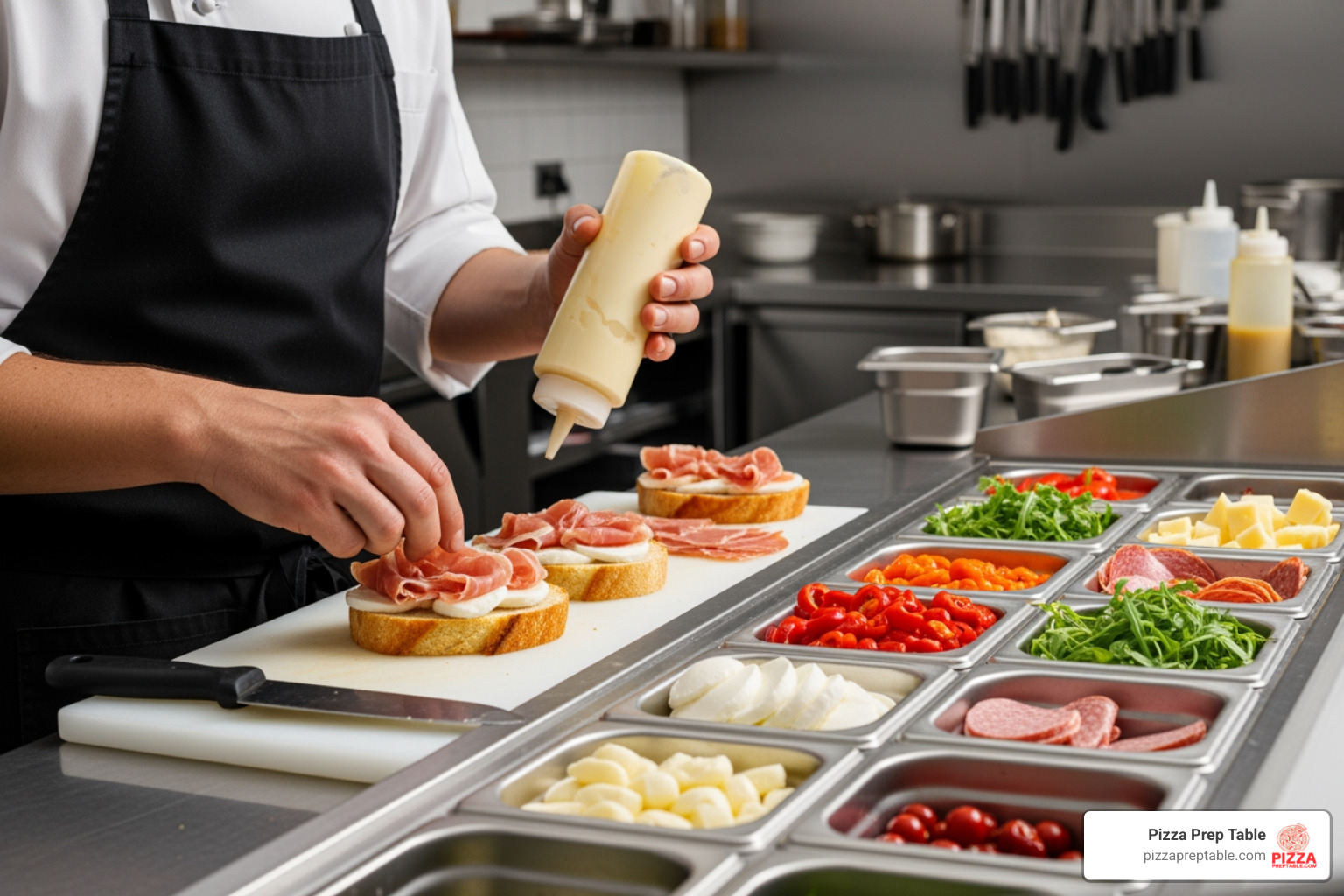 chef efficiently assembling a gourmet sandwich on a sleek, stainless steel sandwich prep unit - Sandwich prep unit