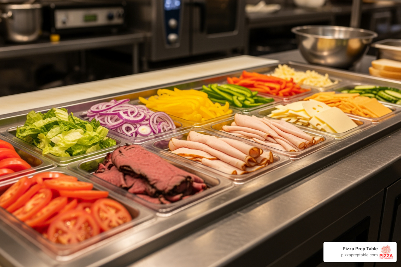 neatly organized, colorful ingredient pans in a prep table rail - Sandwich prep unit