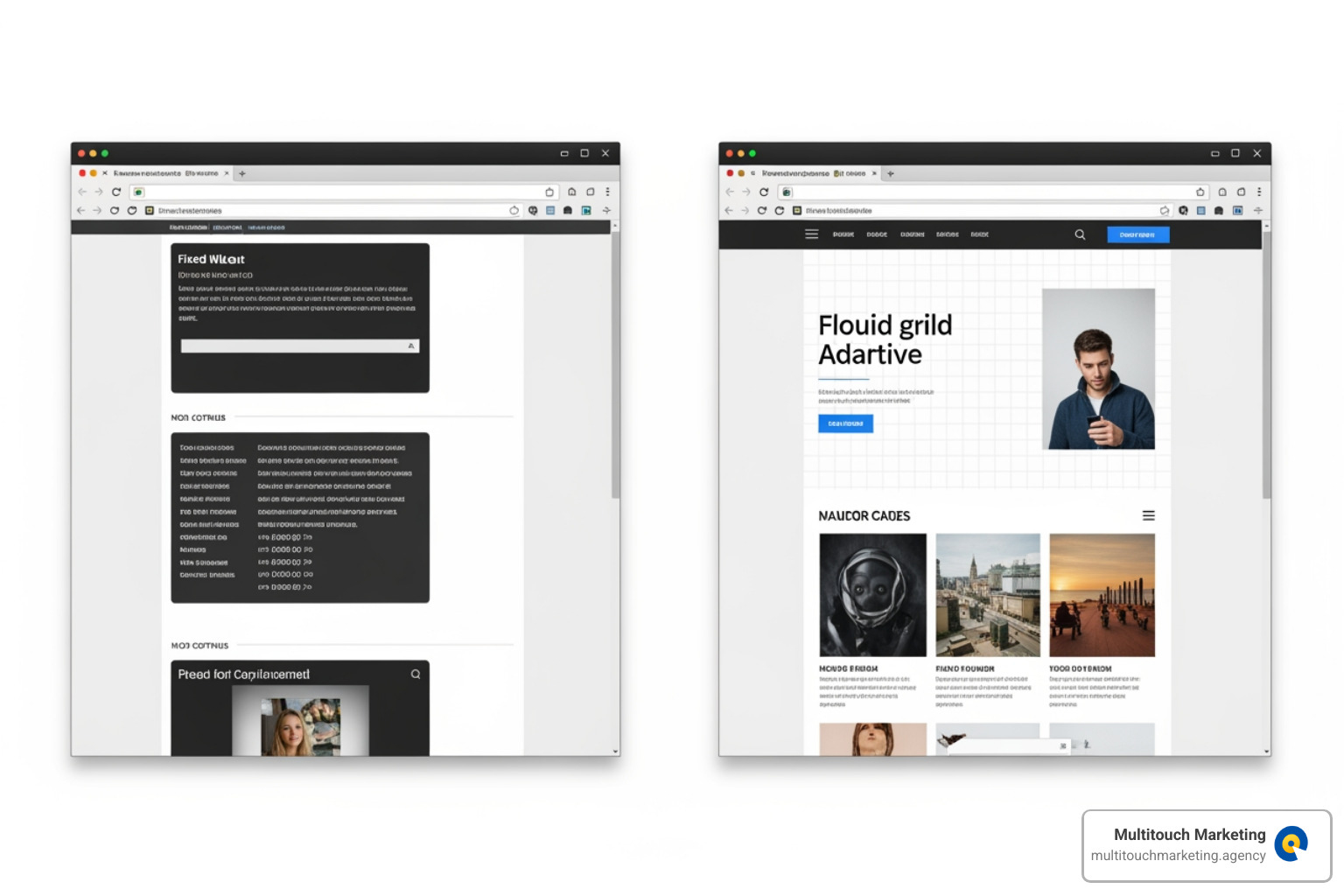 Image illustrating the difference between a fixed-width layout and a fluid grid - responsive design Image illustrating the difference between a fixed-width layout and a fluid grid - responsive design