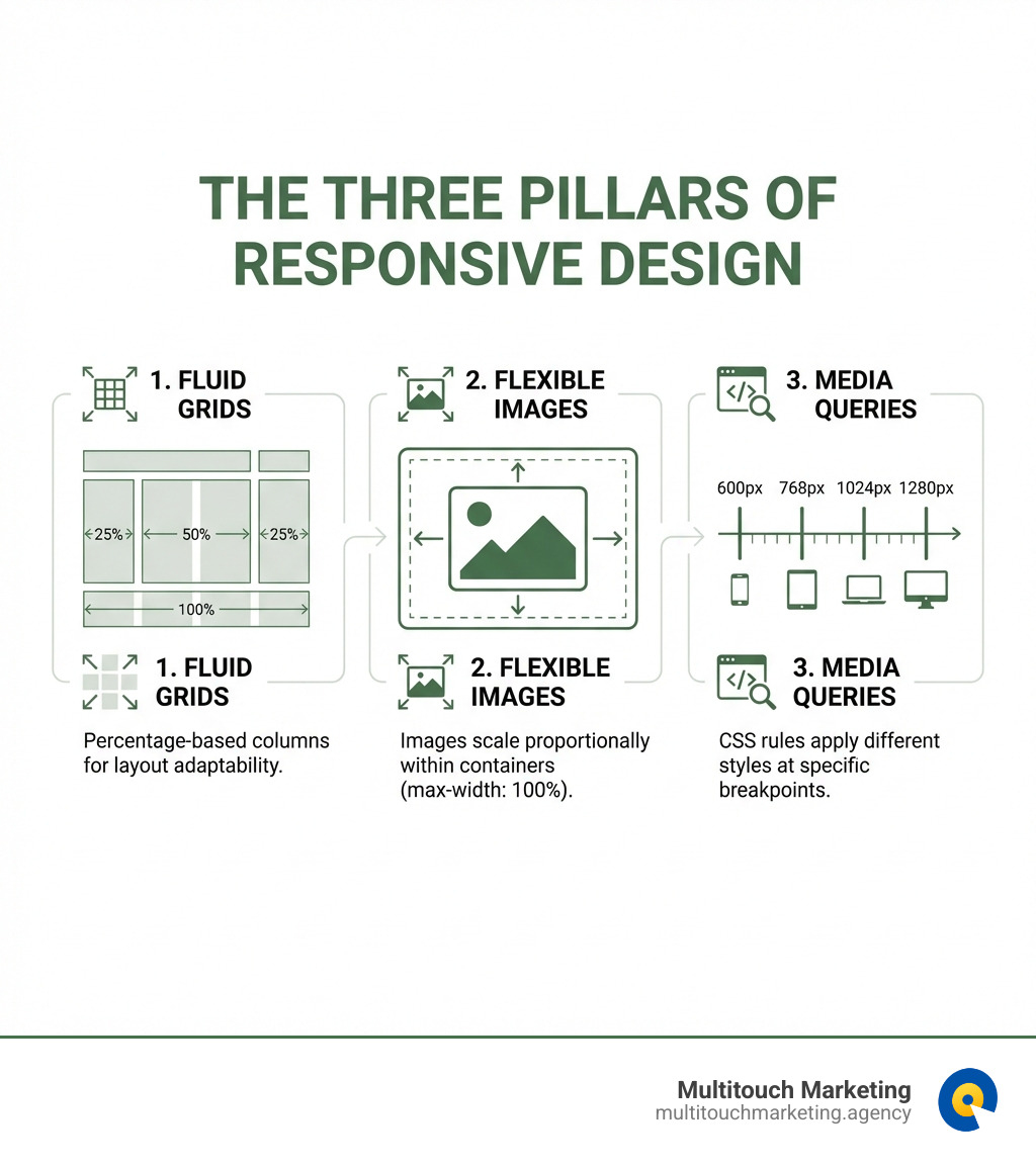 Infographic showing the three pillars of responsive design: a fluid grid system with percentage-based columns, flexible images that scale within containers, and media queries with common breakpoints at 600px, 768px, 1024px, and 1280px - responsive design infographic Infographic showing the three pillars of responsive design: a fluid grid system with percentage-based columns, flexible images that scale within containers, and media queries with common breakpoints at 600px, 768px, 1024px, and 1280px - responsive design infographic