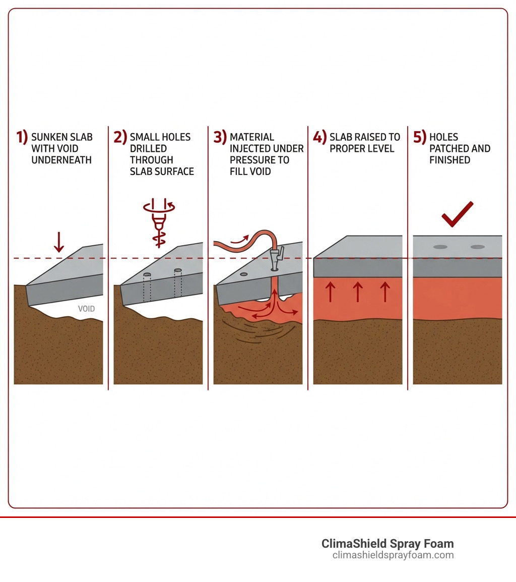 Infographic showing cross-section of concrete slab lifting process: 1) Sunken slab with void underneath, 2) Small holes drilled through slab surface, 3) Material injected under pressure to fill void, 4) Slab raised to proper level, 5) Holes patched and finished - concrete pad lifting infographic 